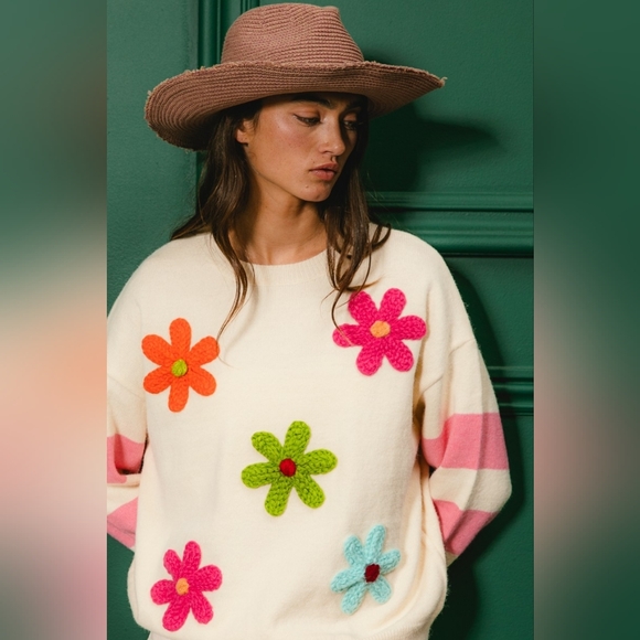 BiBi Colorful Floral Patched Sweater with Striped Sleeve - Picture 2 of 15